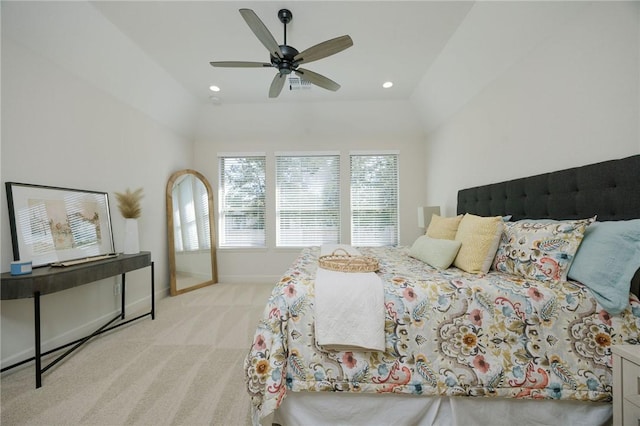 bedroom featuring ceiling fan and light carpet