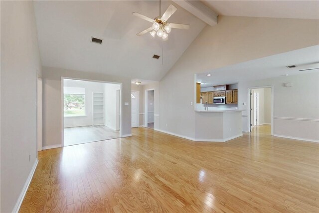 2600 Greenberry Cir, College Station, TX 77845 - unfurnished living room featuring light wood finished floors, beam ceiling, high vaulted ceiling, ceiling fan, and baseboards