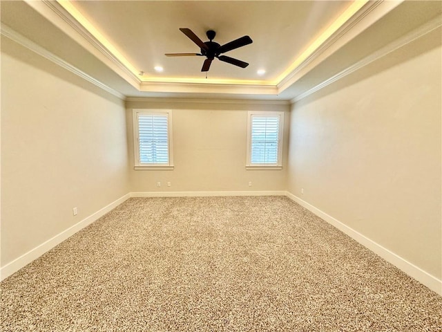 spare room featuring a raised ceiling, ceiling fan, and crown molding