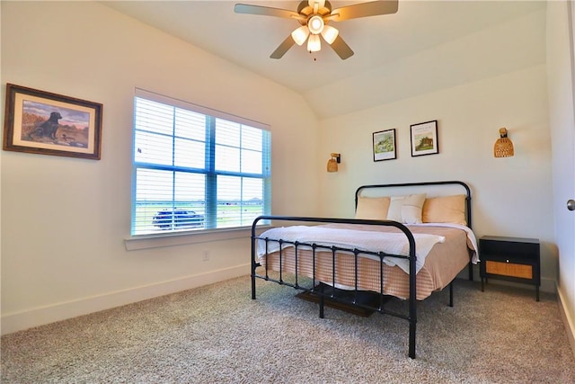 172 Pleasant Path, Somerville, TX 77879 - bedroom featuring baseboards, carpet floors, vaulted ceiling, and a ceiling fan