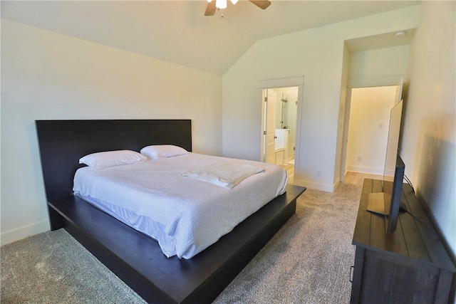 172 Pleasant Path, Somerville, TX 77879 - carpeted bedroom with lofted ceiling, baseboards, ceiling fan, and ensuite bath