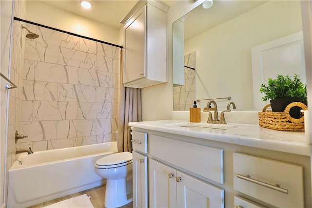 172 Pleasant Path, Somerville, TX 77879 - bathroom with toilet, vanity, shower / bathtub combination with curtain, and wood finished floors