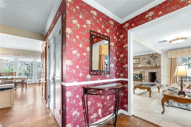 interior space featuring parquet floors and ornamental molding