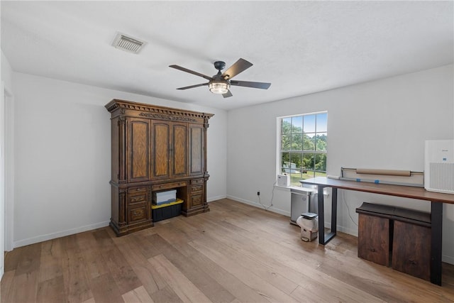 2092 Fm 1486th Rd, Anderson, TX 77830 - home office with baseboards, a ceiling fan, visible vents, and light wood-style flooring