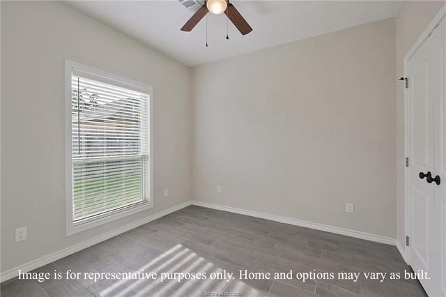 unfurnished room with a ceiling fan, wood finished floors, and baseboards