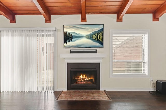 details with wooden ceiling, wood finished floors, and beam ceiling