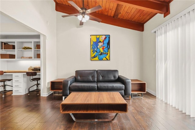 living area featuring lofted ceiling with beams, a ceiling fan, hardwood / wood-style floors, and wood ceiling