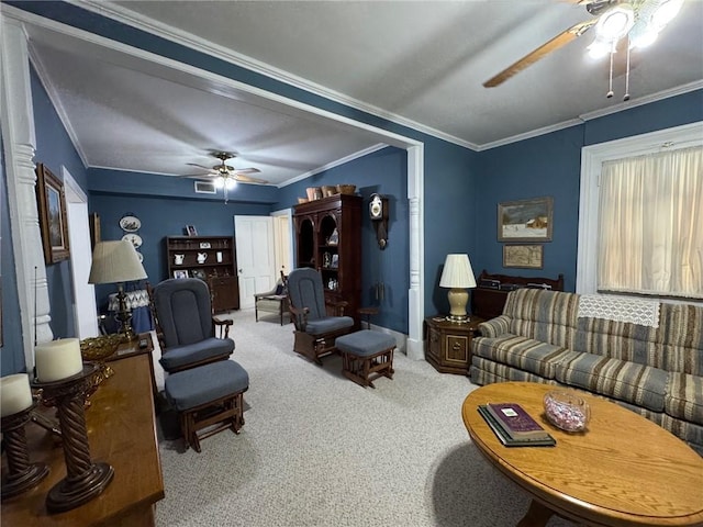 living room featuring carpet floors and crown molding