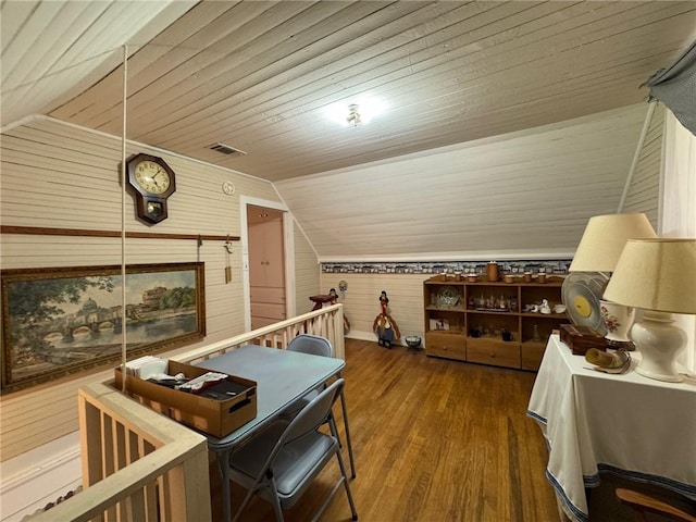 home office featuring wooden ceiling, wooden walls, hardwood / wood-style flooring, and lofted ceiling