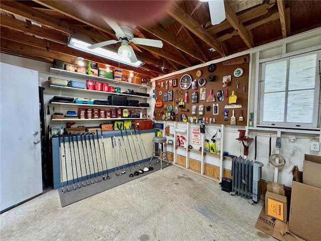 storage area featuring ceiling fan