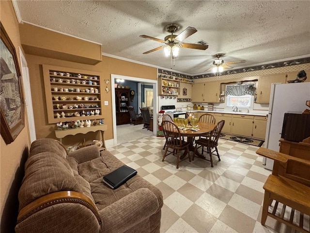 dining space with ceiling fan, sink, a textured ceiling, and ornamental molding