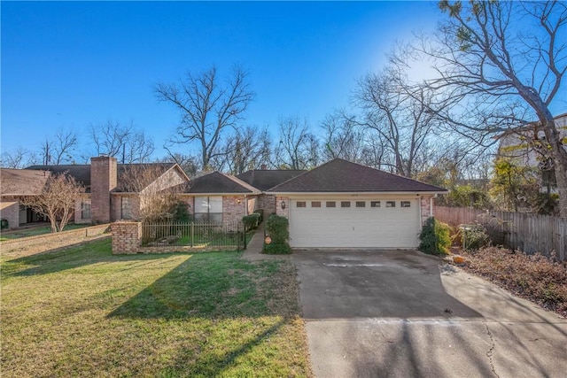 ranch-style home featuring a garage and a front lawn