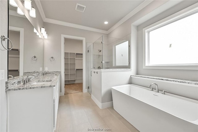 bathroom with vanity, separate shower and tub, and crown molding