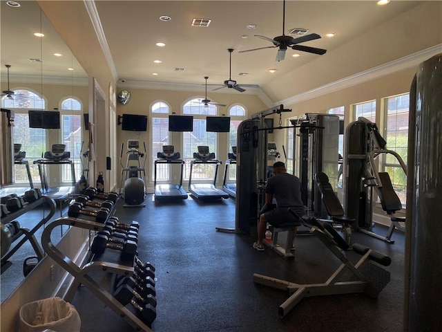 exercise room featuring ceiling fan and lofted ceiling