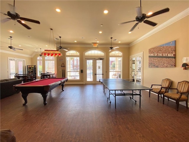 game room with french doors, crown molding, and billiards