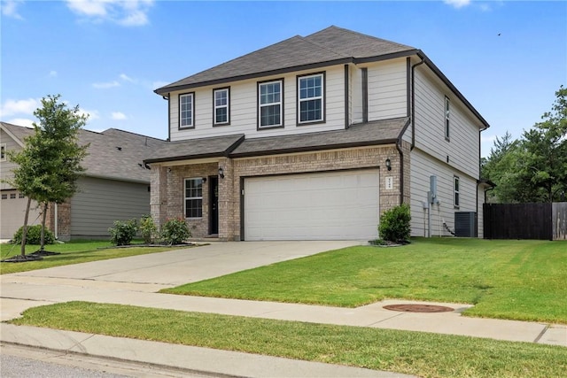 5745 Cerrillos Dr, Bryan, TX 77807 - view of front of property featuring an attached garage, central AC unit, driveway, and brick siding