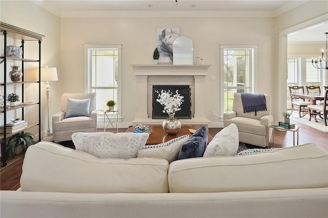 living room with a wealth of natural light, hardwood / wood-style floors, and crown molding