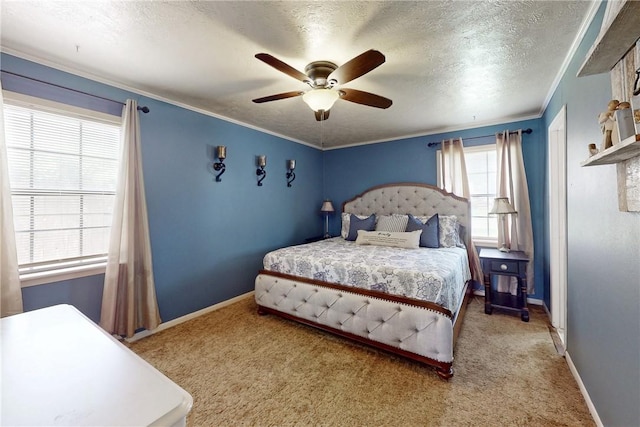 bedroom with baseboards, ornamental molding, carpet flooring, and a textured ceiling