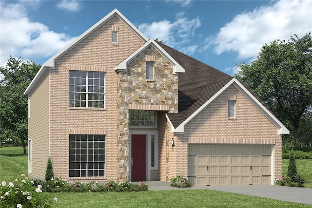 front facade with a front lawn and a garage