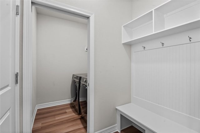 3008 Alpha Ct, Bryan, TX 77808 - mudroom featuring washing machine and dryer, wood finished floors, and baseboards