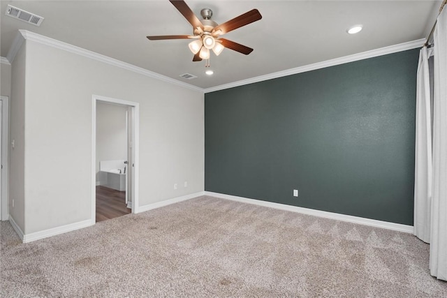 3008 Alpha Ct, Bryan, TX 77808 - empty room featuring carpet flooring, a ceiling fan, ornamental molding, baseboards, and recessed lighting
