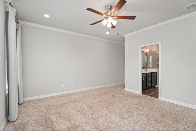 3008 Alpha Ct, Bryan, TX 77808 - unfurnished bedroom featuring carpet floors, ornamental molding, baseboards, recessed lighting, and ensuite bath