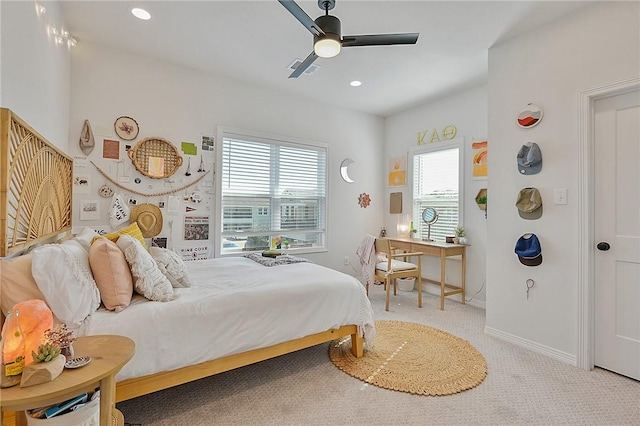 bedroom with ceiling fan, baseboards, carpet flooring, and recessed lighting