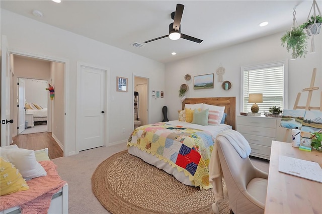 bedroom with visible vents, carpet floors, recessed lighting, and ceiling fan