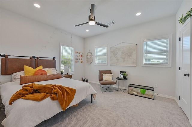 carpeted bedroom featuring recessed lighting, baseboards, and ceiling fan
