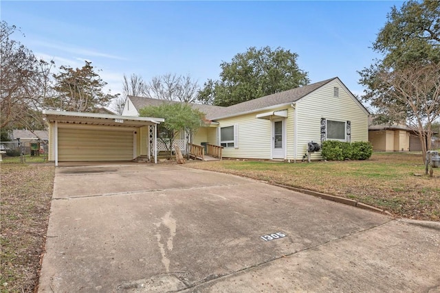 single story home featuring driveway, fence, and a front yard