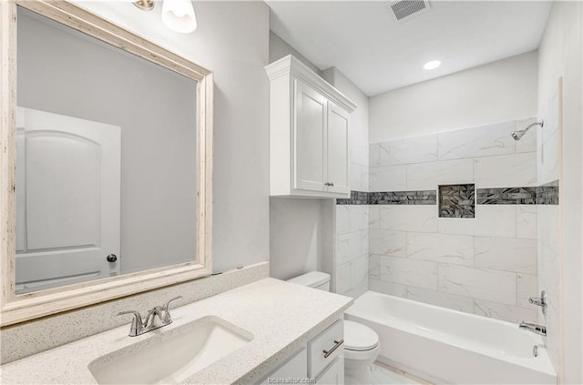 full bathroom with toilet, visible vents, washtub / shower combination, and vanity