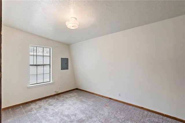 empty room featuring a textured ceiling, electric panel, carpet flooring, and lofted ceiling