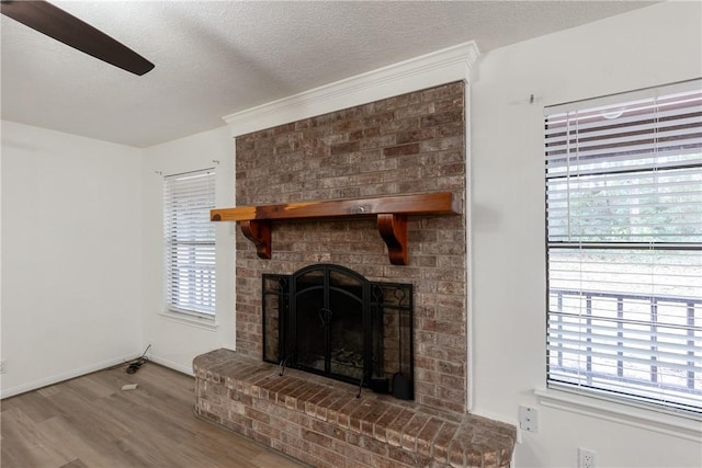 details featuring hardwood / wood-style flooring, a fireplace, and a textured ceiling