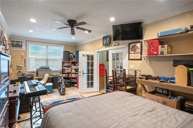 bedroom with a wall mounted air conditioner, crown molding, french doors, and light tile patterned flooring