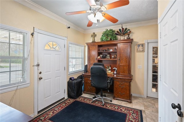 office space with crown molding and ceiling fan