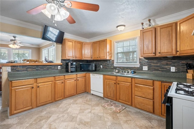 kitchen with sink, gas range, tasteful backsplash, white dishwasher, and kitchen peninsula