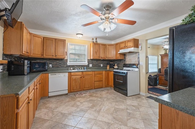 kitchen with sink, ceiling fan, ornamental molding, black appliances, and decorative backsplash