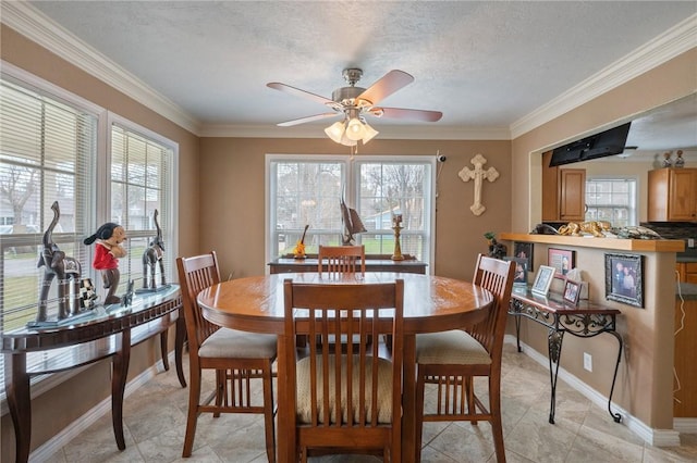 dining area with ornamental molding, plenty of natural light, and a textured ceiling