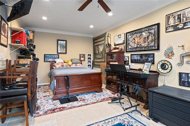 tiled bedroom featuring ornamental molding