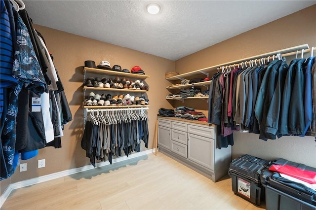 spacious closet with light hardwood / wood-style flooring