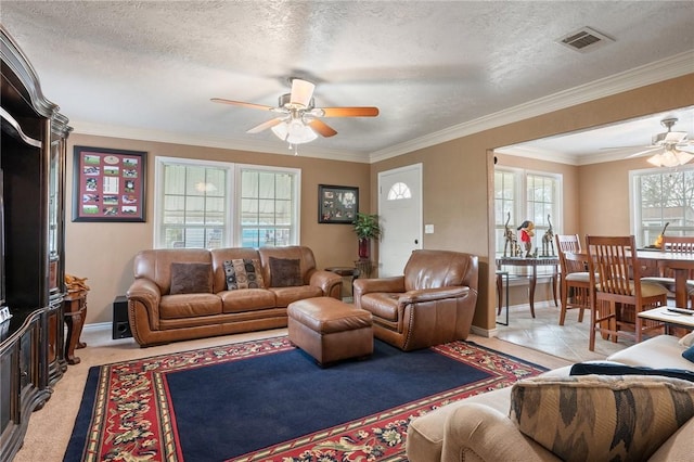 living room with ceiling fan, ornamental molding, and a textured ceiling