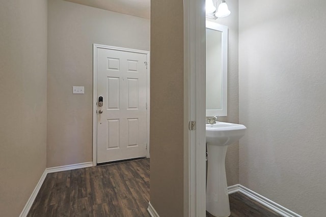 interior space with sink and dark wood-type flooring