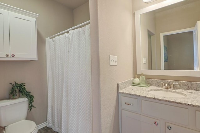 bathroom featuring vanity, toilet, and a shower with shower curtain