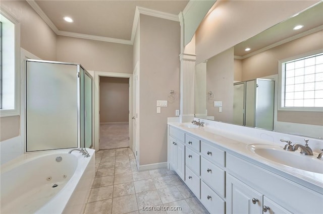 bathroom featuring shower with separate bathtub, vanity, and ornamental molding