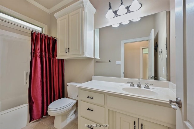 full bathroom with shower / bathtub combination with curtain, tile patterned flooring, toilet, vanity, and ornamental molding