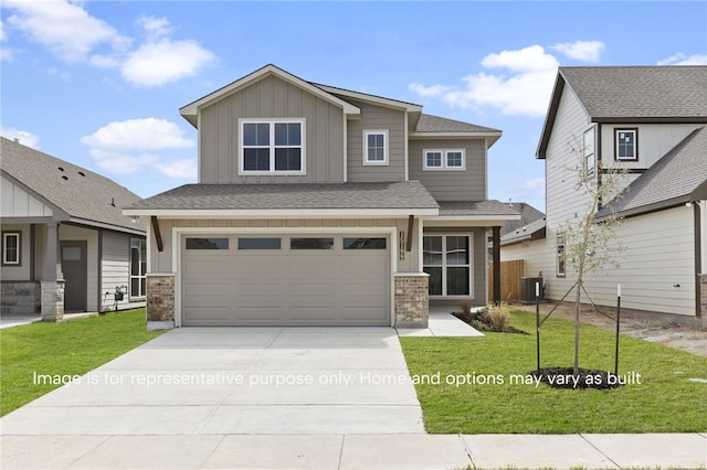 view of front of property featuring central AC, brick siding, driveway, a front lawn, and board and batten siding