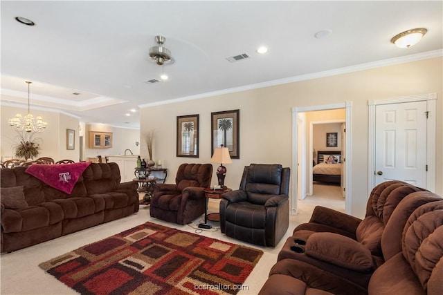 4718 Stonebriar Cir, College Station, TX 77845 - carpeted living room with an inviting chandelier and ornamental molding