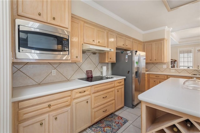 4718 Stonebriar Cir, College Station, TX 77845 - kitchen featuring light brown cabinets, stainless steel appliances, backsplash, crown molding, and light tile patterned floors