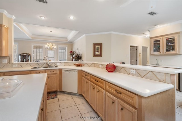 4718 Stonebriar Cir, College Station, TX 77845 - kitchen featuring dishwasher, sink, light brown cabinetry, kitchen peninsula, and a chandelier