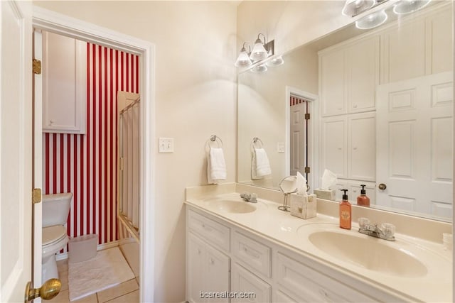 4718 Stonebriar Cir, College Station, TX 77845 - full bathroom featuring tile patterned flooring, shower / bath combination with curtain, vanity, and toilet